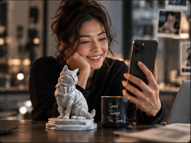 Frau mit Smartphone und 3D-Figur