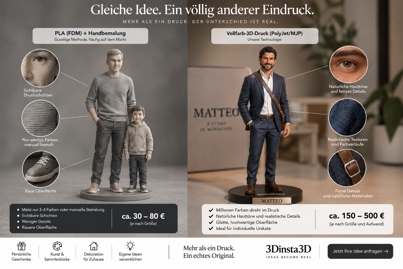 Vergleich PLA FDM und Vollfarb-3D-Druck bei menschlichen Figuren