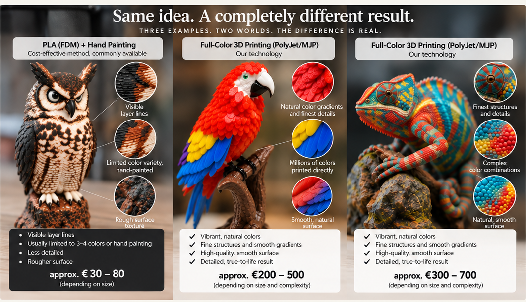 Comparison of PLA FDM and full-colour printing for animals